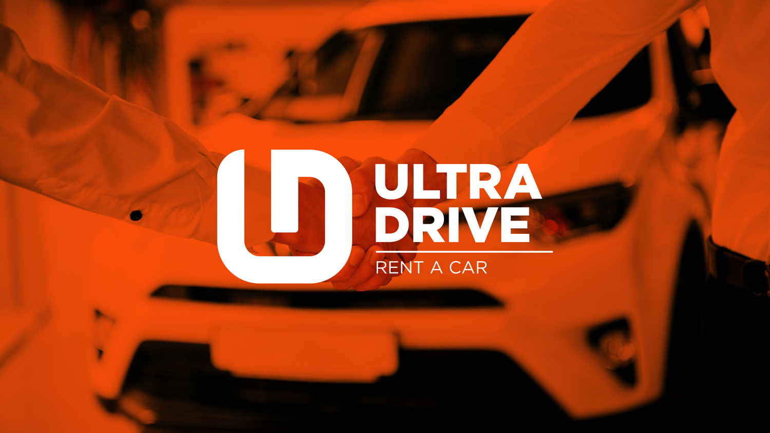 White Ultra Drive Rent a car logo on an orange background over a picture of a car