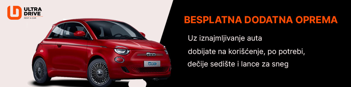 Baner sa crvenim autom i natipisom za besplatna decija sedista i lance za sneg
