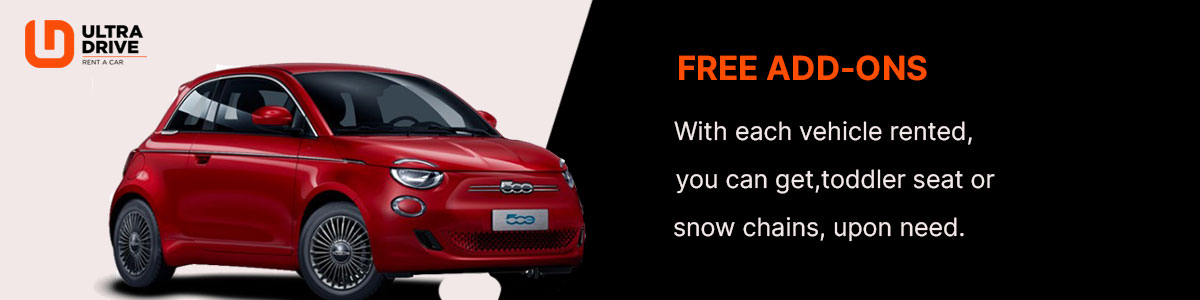 Banner with a red car and inscription for free child seats and snow chains